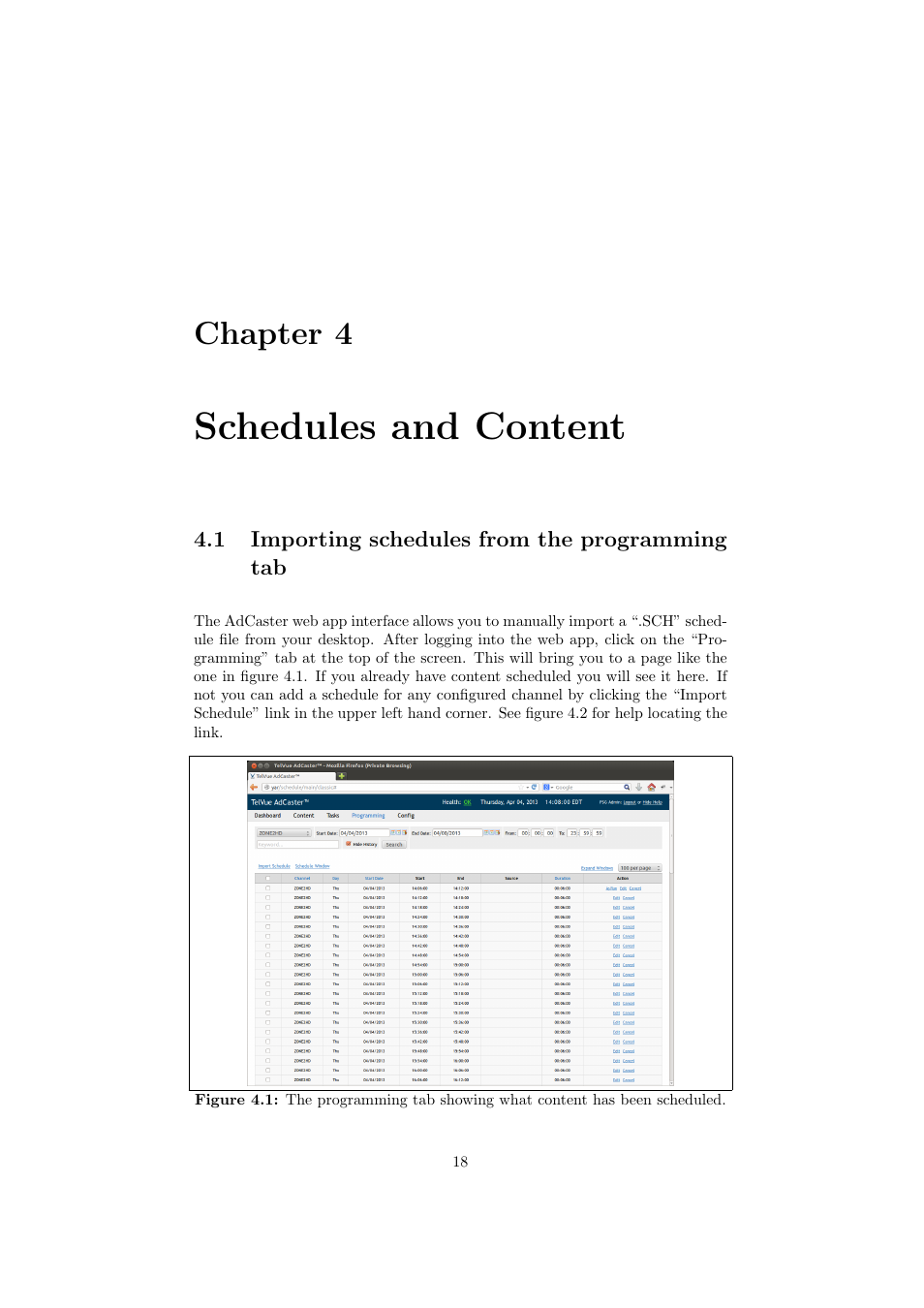 Schedules and content, Chapter 4 | TelVue AdCaster User Manual | Page 19 / 27