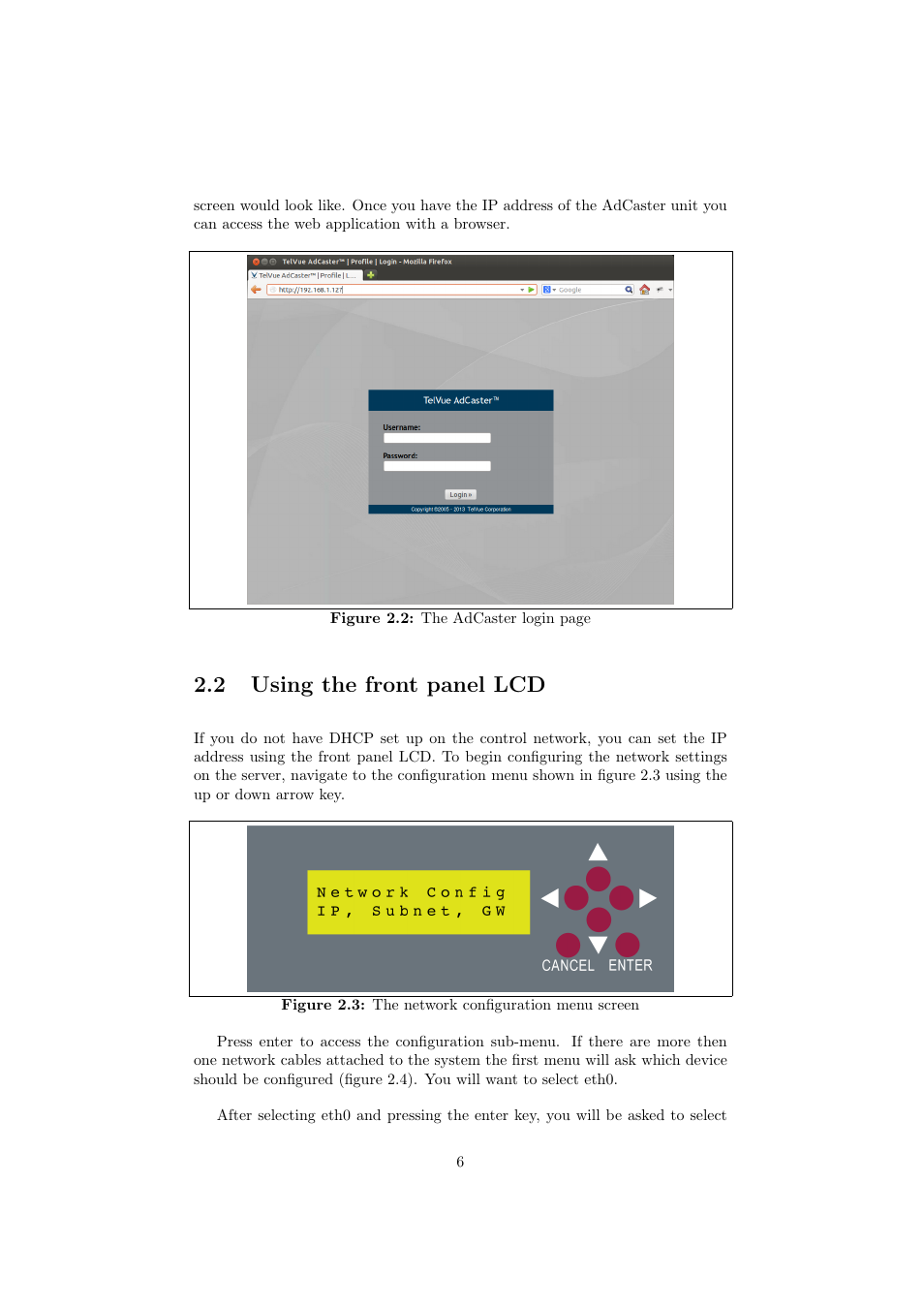 2 using the front panel lcd | TelVue AdCaster User Manual | Page 7 / 27