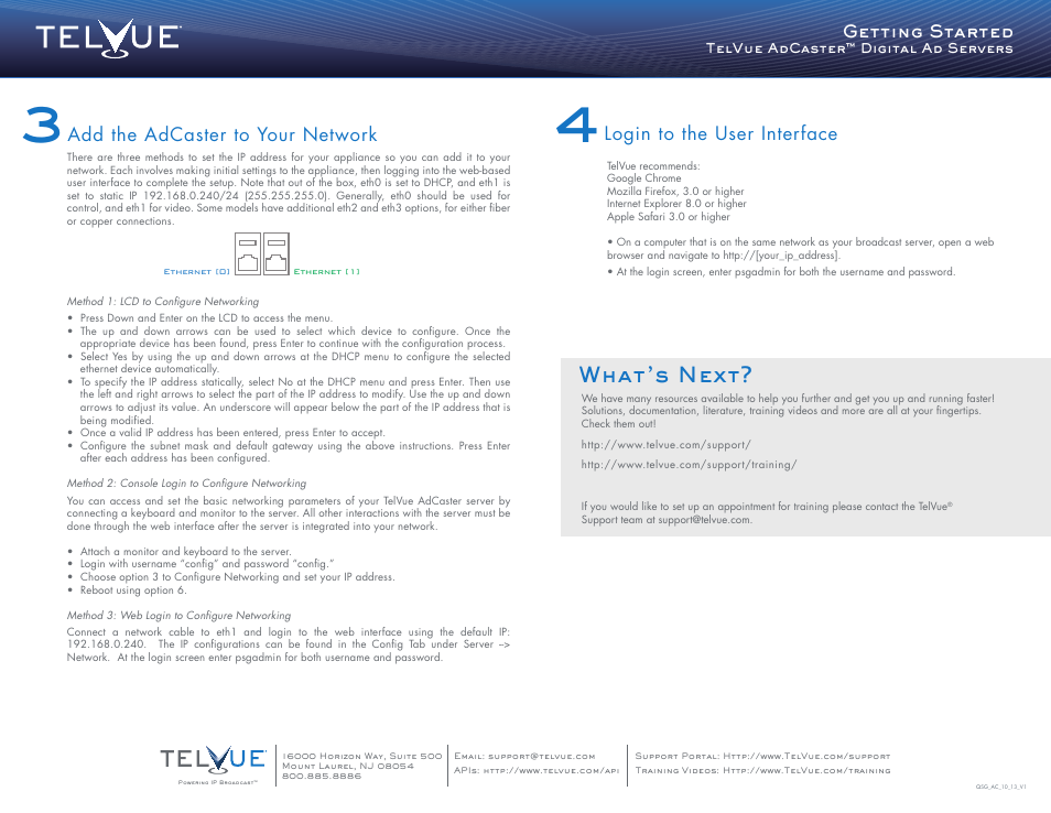 Adcasterqsgv1back, What’s next, Login to the user interface | Add the adcaster to your network, Getting started | TelVue AdCaster User Manual | Page 2 / 2