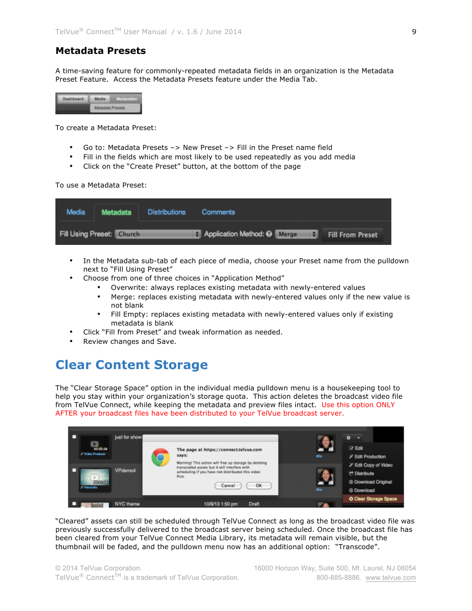 Clear content storage, Metadata presets | TelVue Connect User Manual | Page 10 / 29