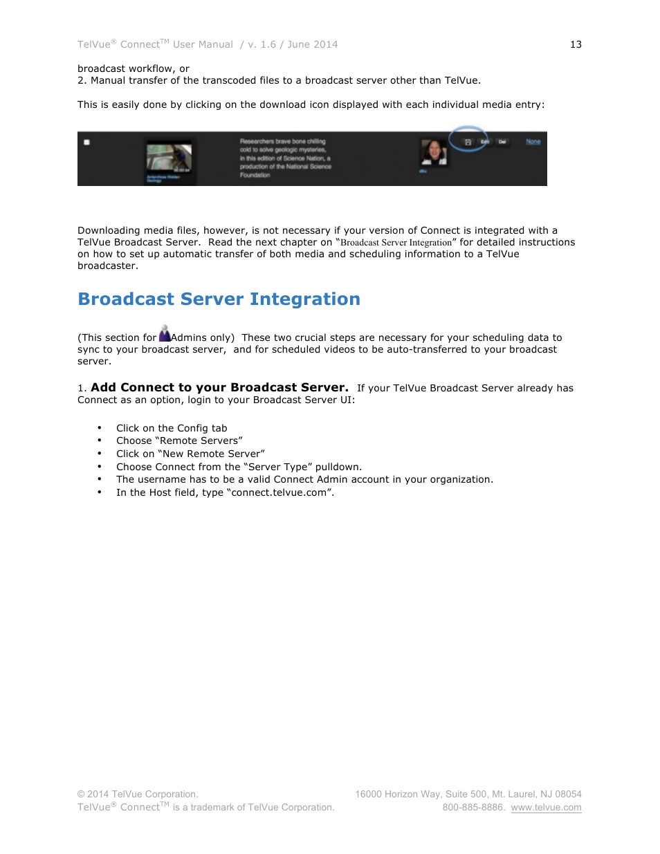 Broadcast server integration | TelVue Connect User Manual | Page 14 / 29