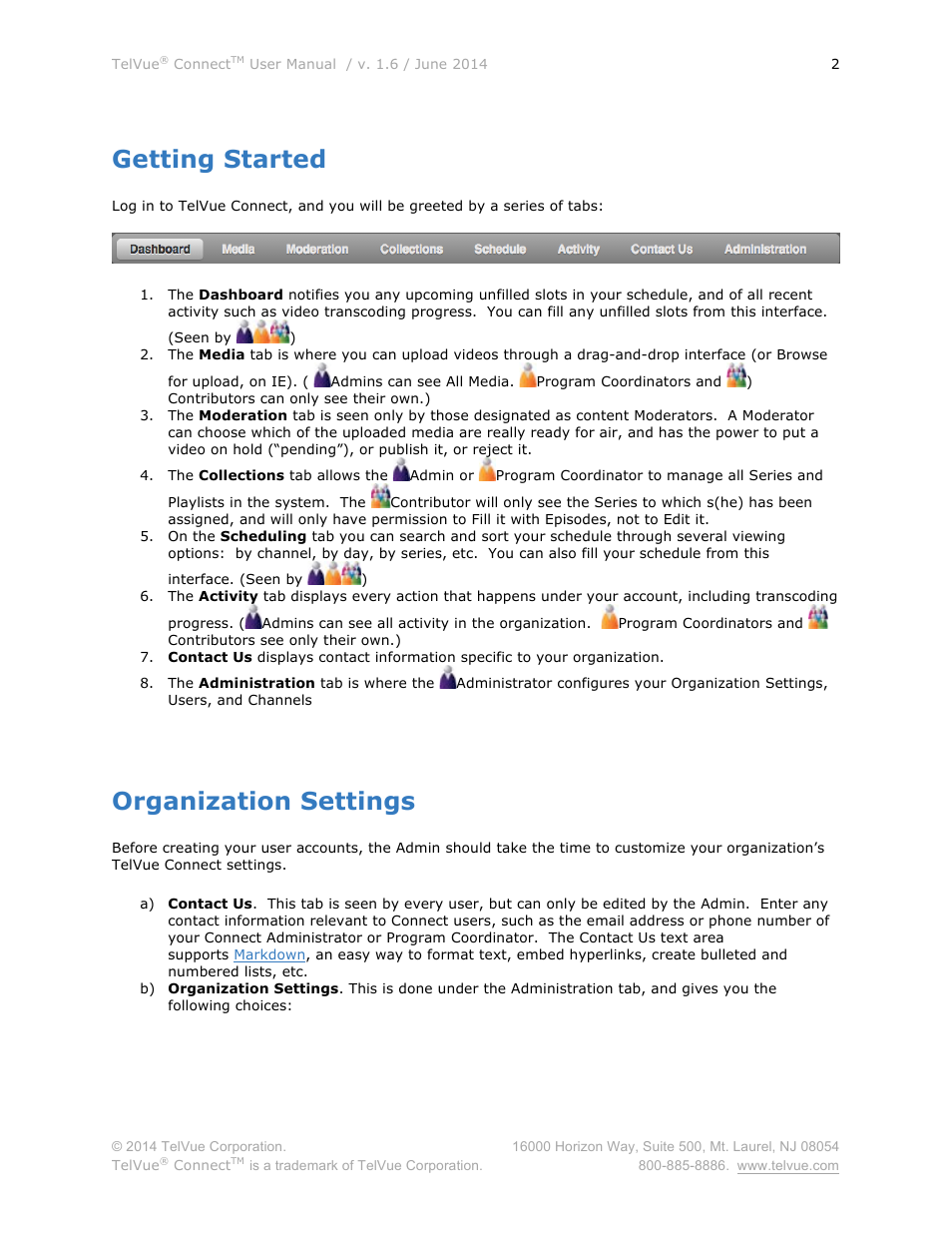 Getting started, Organization settings | TelVue Connect User Manual | Page 3 / 29