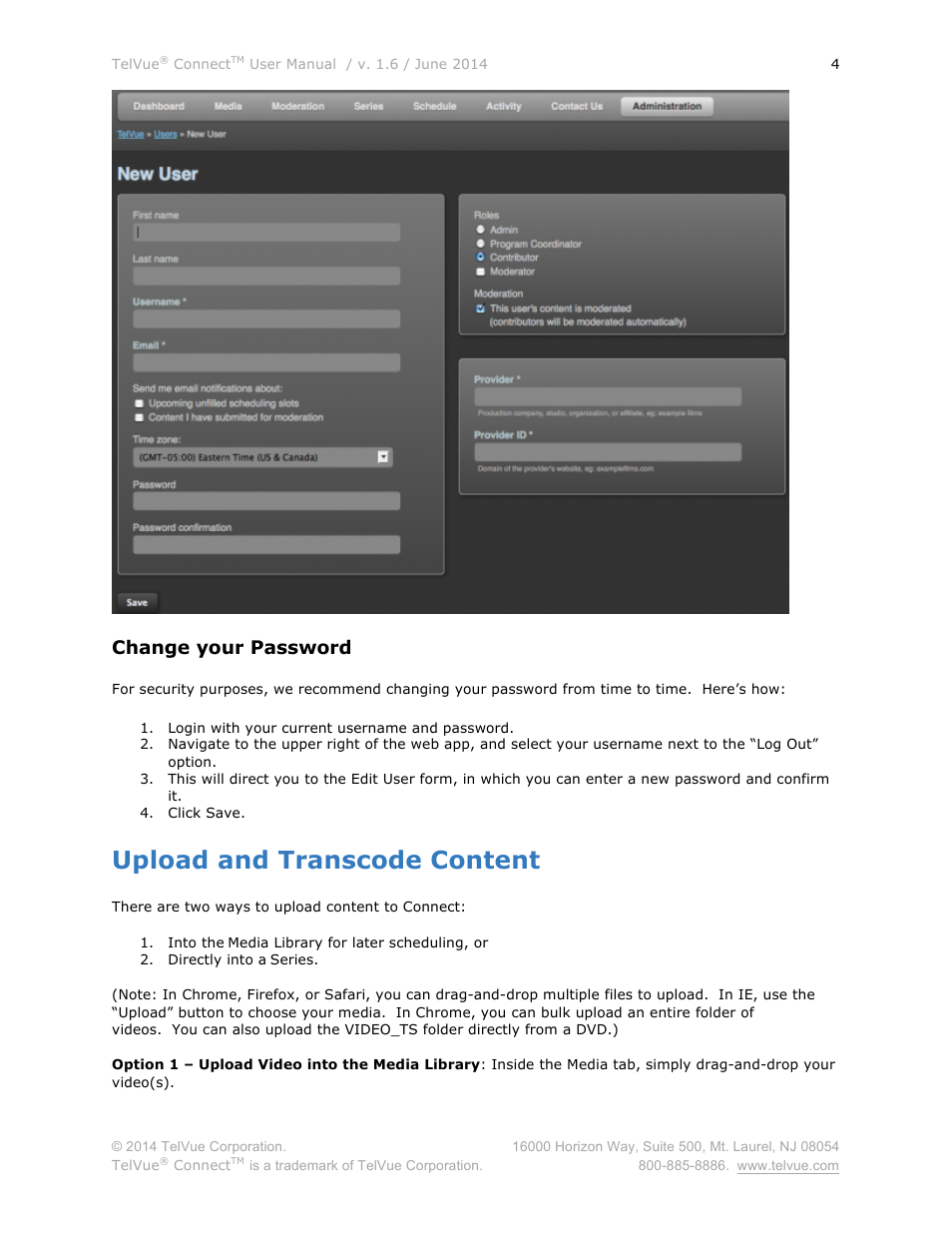 Upload and transcode content, Change your password | TelVue Connect User Manual | Page 5 / 29