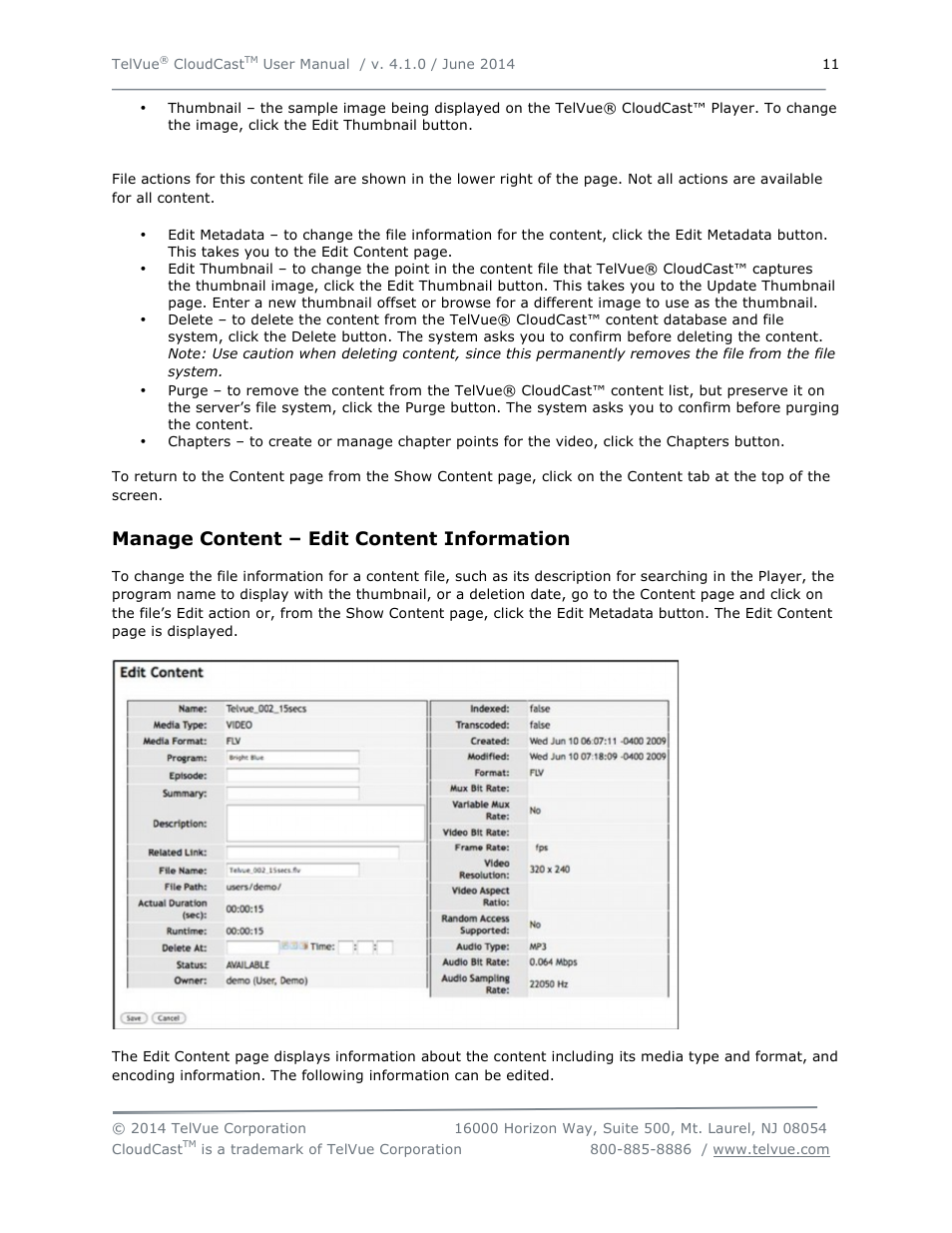 Manage content – edit content information | TelVue CloudCast User Manual | Page 12 / 34