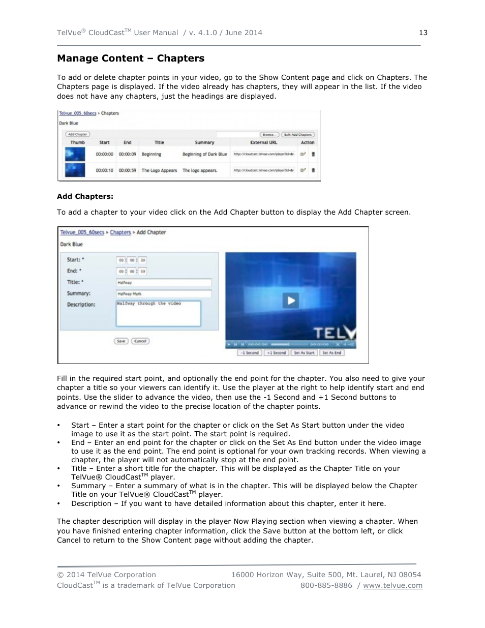 Manage content – chapters | TelVue CloudCast User Manual | Page 14 / 34