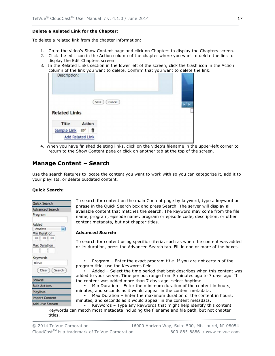 Manage content – search | TelVue CloudCast User Manual | Page 18 / 34