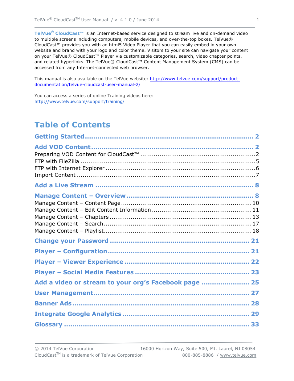 TelVue CloudCast User Manual | Page 2 / 34