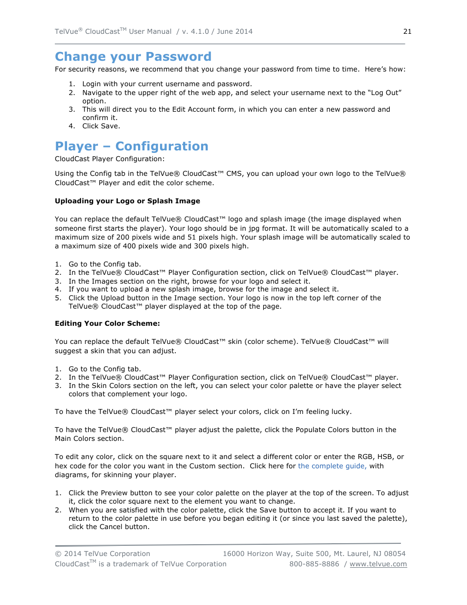 Change your password, Player – configuration | TelVue CloudCast User Manual | Page 22 / 34