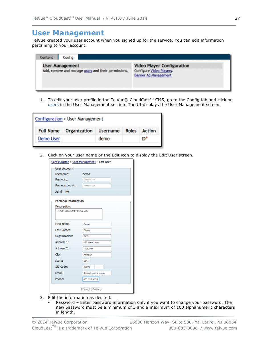 User management | TelVue CloudCast User Manual | Page 28 / 34