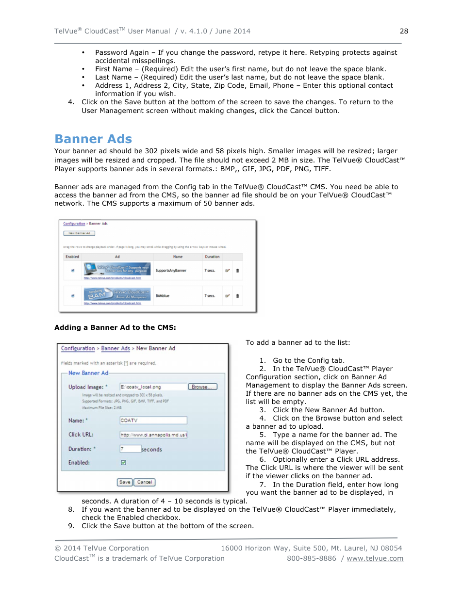 Banner ads | TelVue CloudCast User Manual | Page 29 / 34