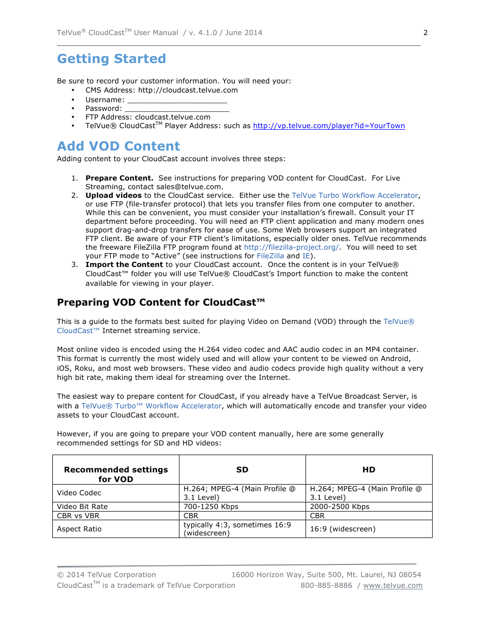 Getting started, Add vod content, Preparing vod content for cloudcast | TelVue CloudCast User Manual | Page 3 / 34