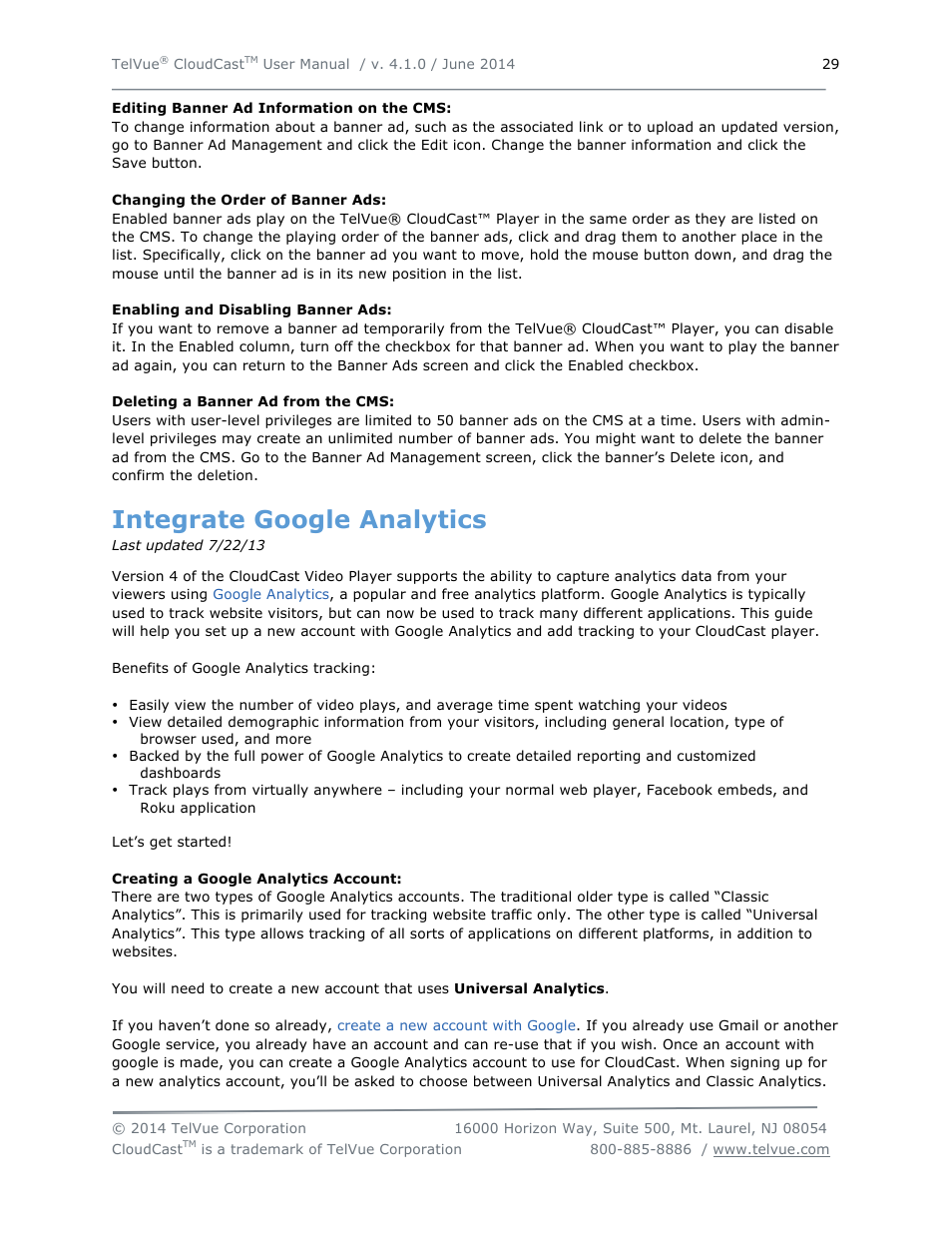 Integrate google analytics | TelVue CloudCast User Manual | Page 30 / 34