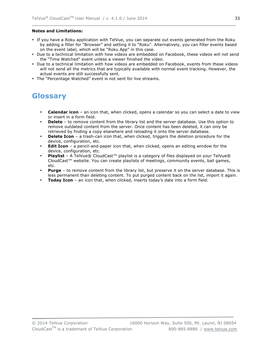 Glossary | TelVue CloudCast User Manual | Page 34 / 34