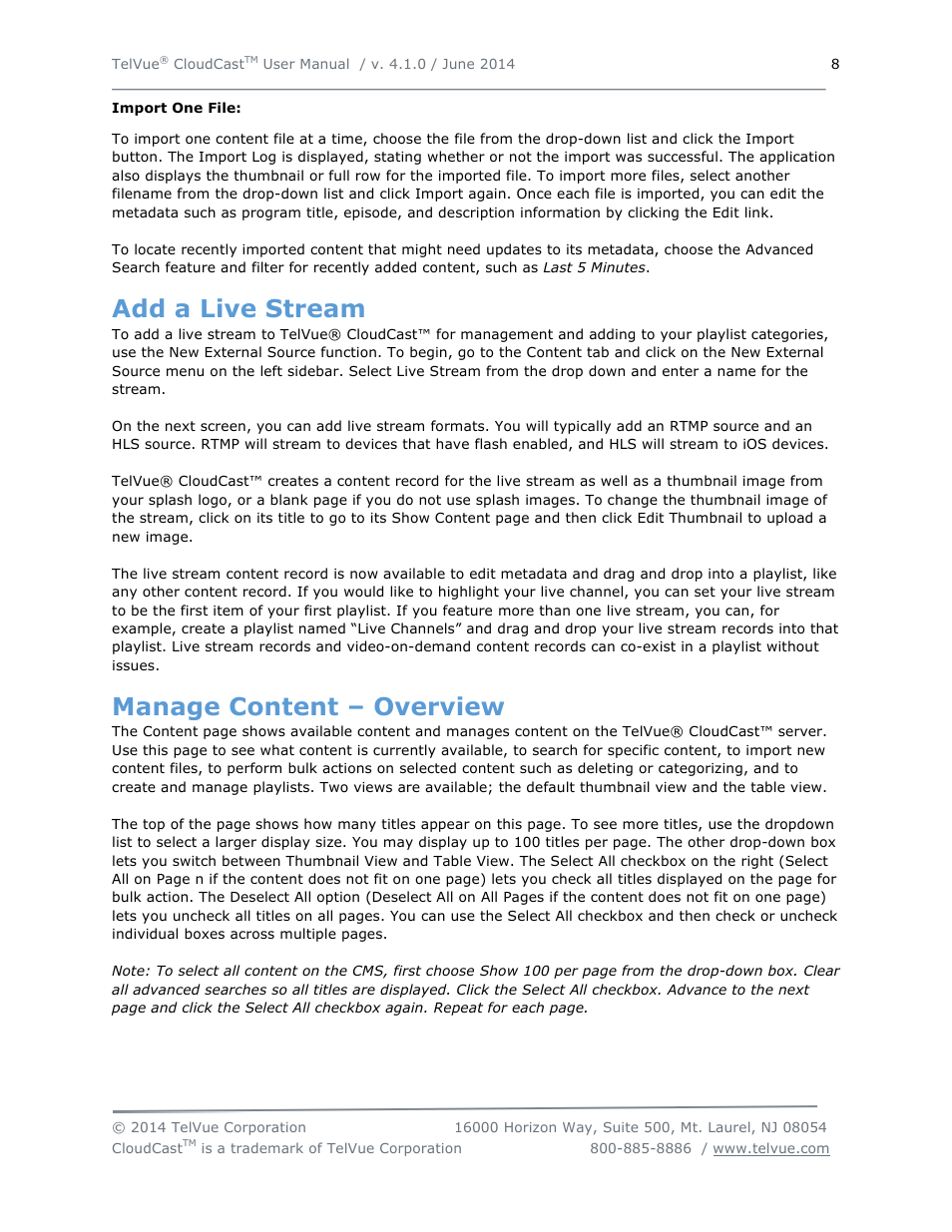 Add a live stream, Manage content – overview | TelVue CloudCast User Manual | Page 9 / 34