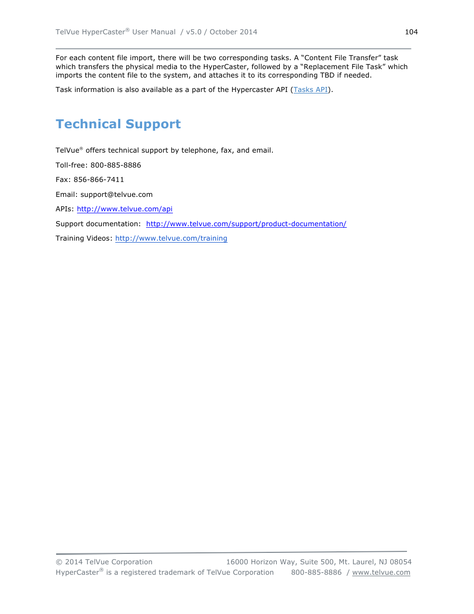 Technical support | TelVue HyperCaster® User Manual | Page 105 / 105