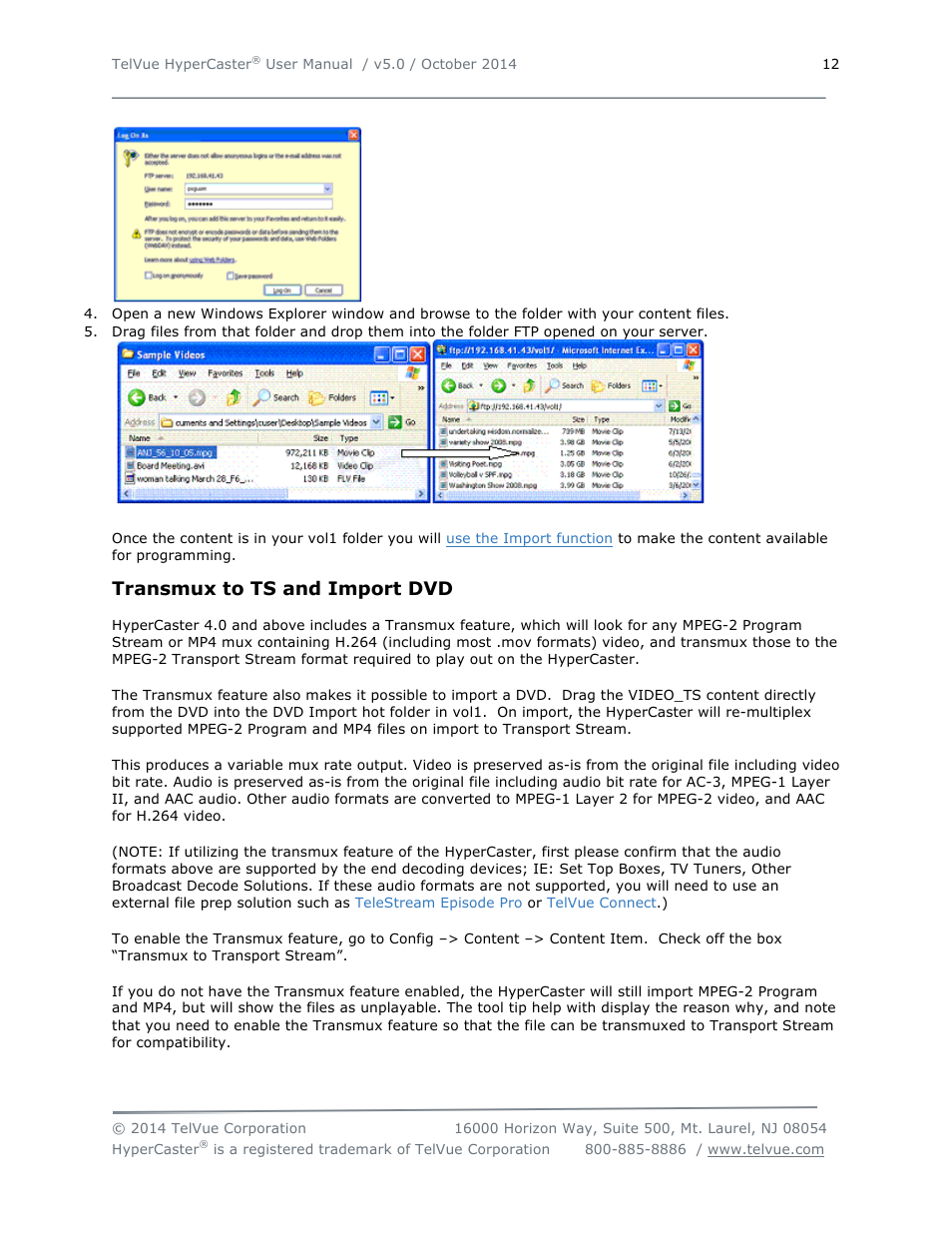 Transmux to ts and import dvd | TelVue HyperCaster® User Manual | Page 13 / 105