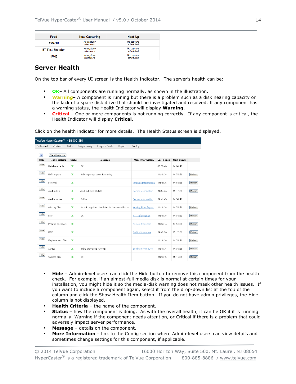 Server health | TelVue HyperCaster® User Manual | Page 15 / 105