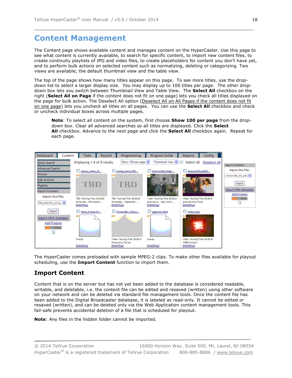 Content management, Import content | TelVue HyperCaster® User Manual | Page 19 / 105