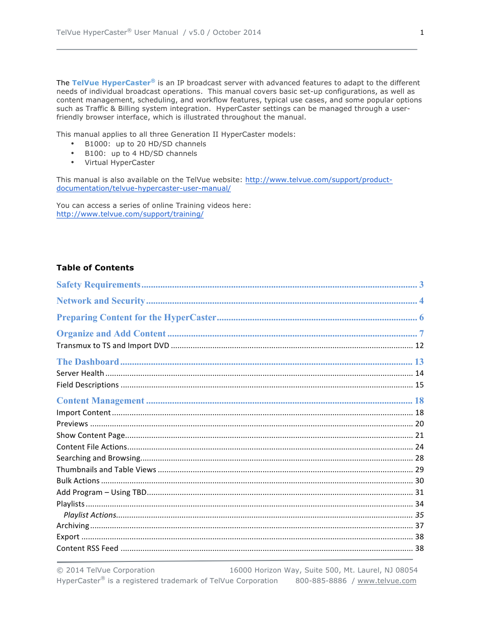 TelVue HyperCaster® User Manual | Page 2 / 105