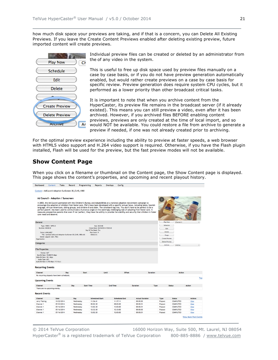 Show content page | TelVue HyperCaster® User Manual | Page 22 / 105