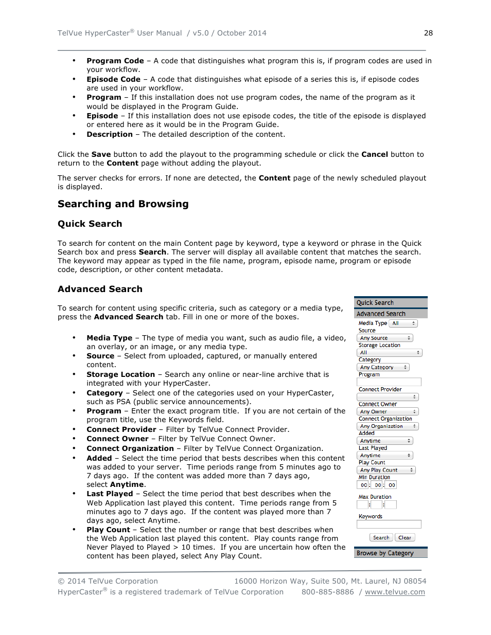 Searching and browsing | TelVue HyperCaster® User Manual | Page 29 / 105