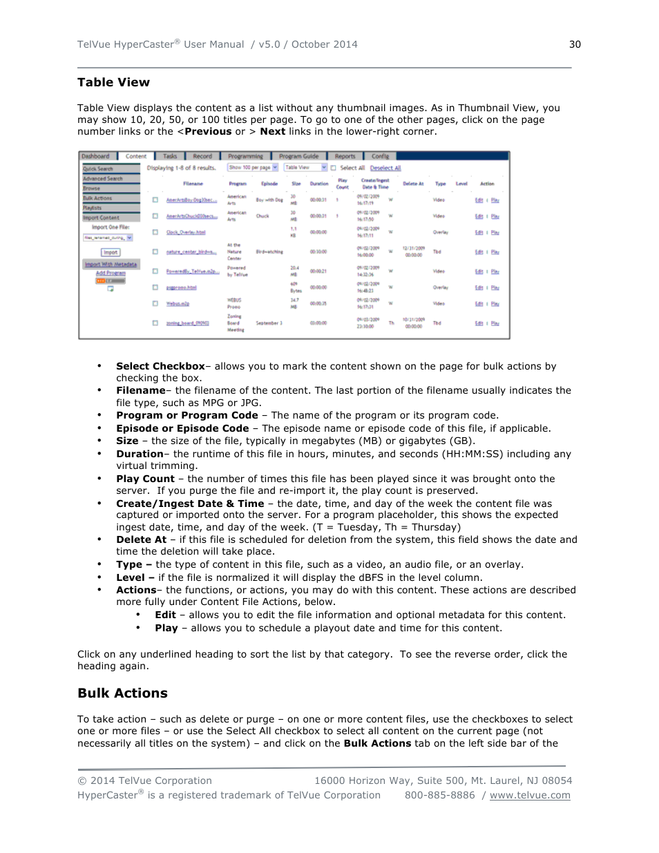 Bulk actions | TelVue HyperCaster® User Manual | Page 31 / 105