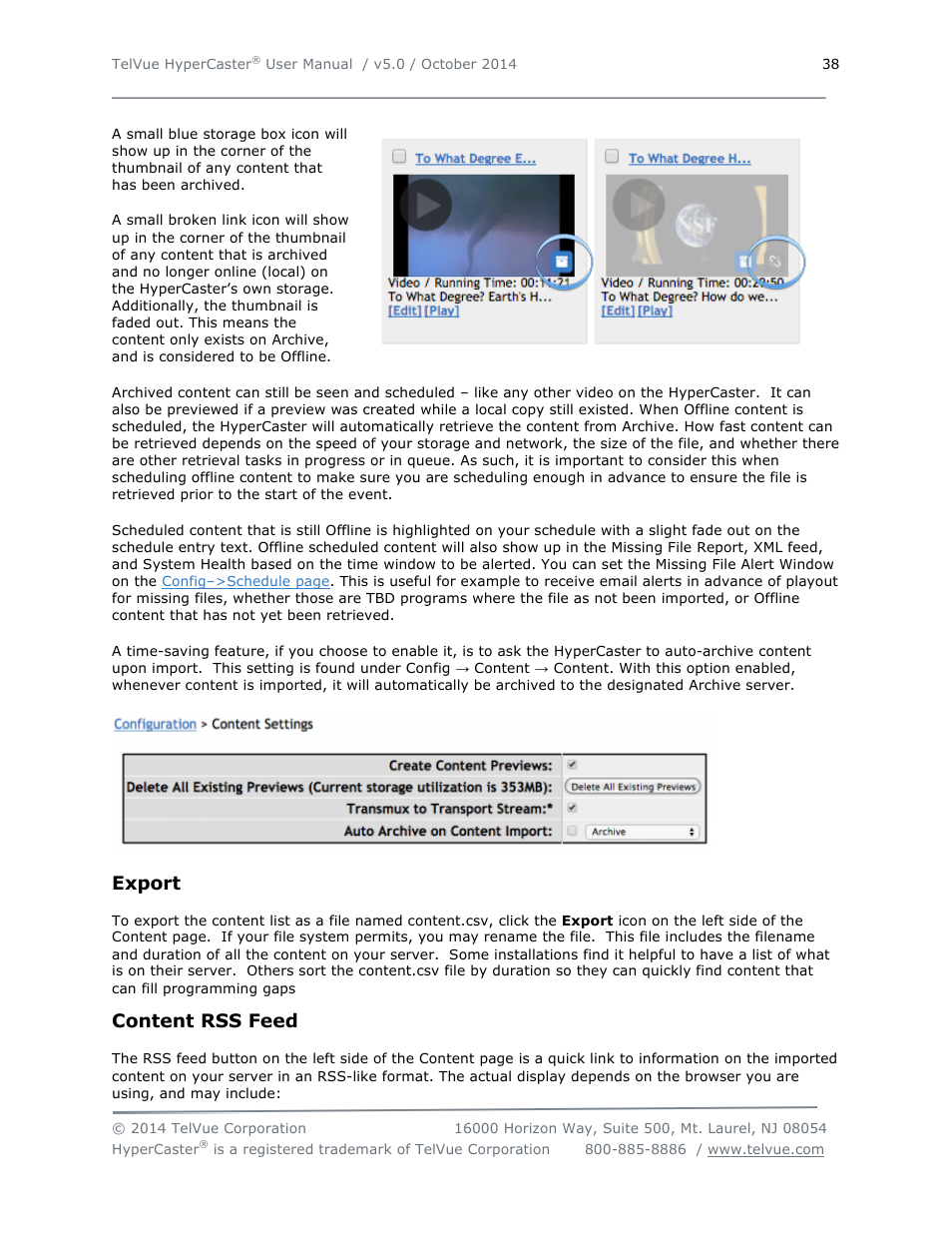 Export, Content rss feed | TelVue HyperCaster® User Manual | Page 39 / 105