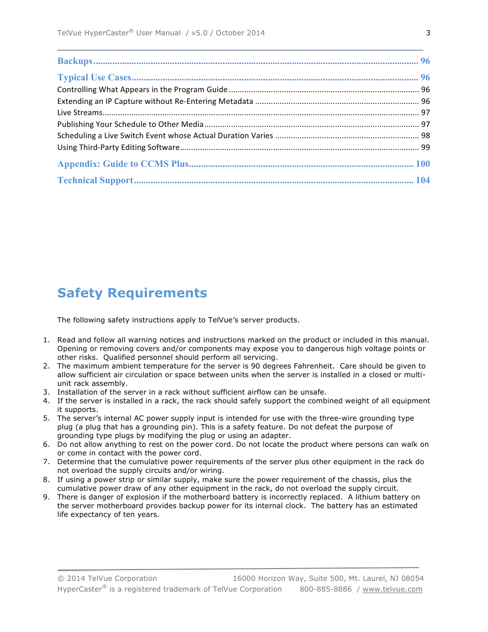 Safety requirements | TelVue HyperCaster® User Manual | Page 4 / 105