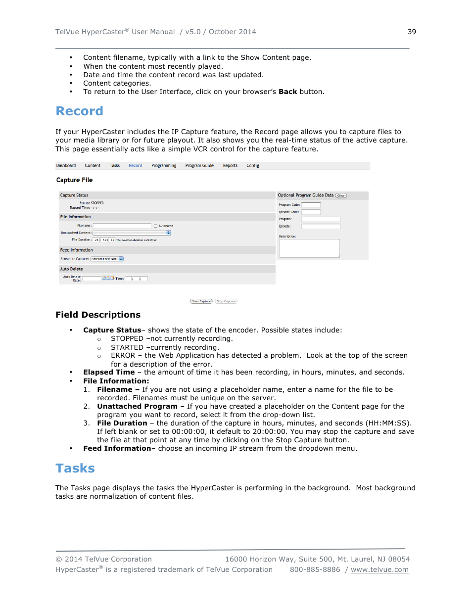 Record, Tasks | TelVue HyperCaster® User Manual | Page 40 / 105
