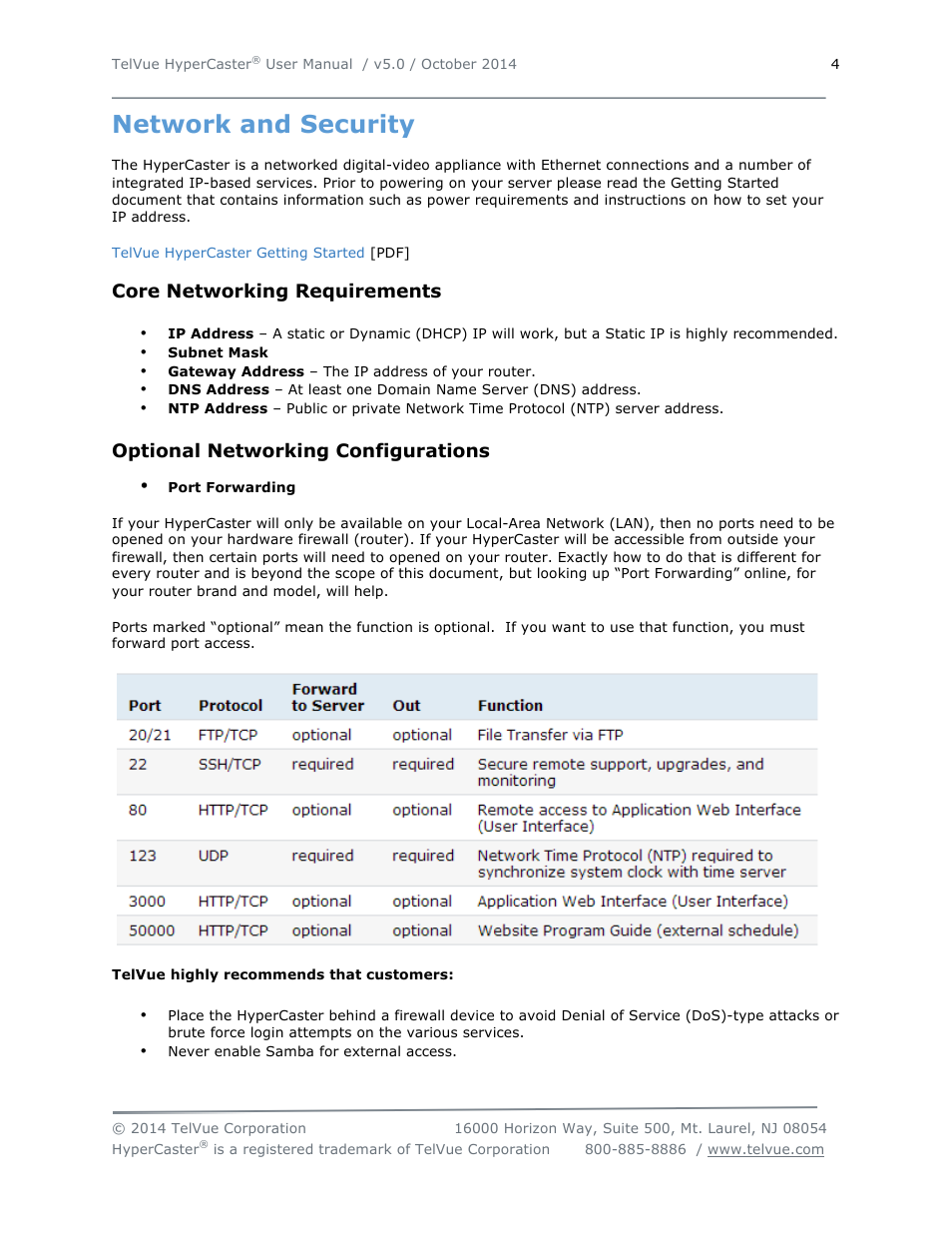 Network and security, Core networking requirements, Optional networking configurations | TelVue HyperCaster® User Manual | Page 5 / 105