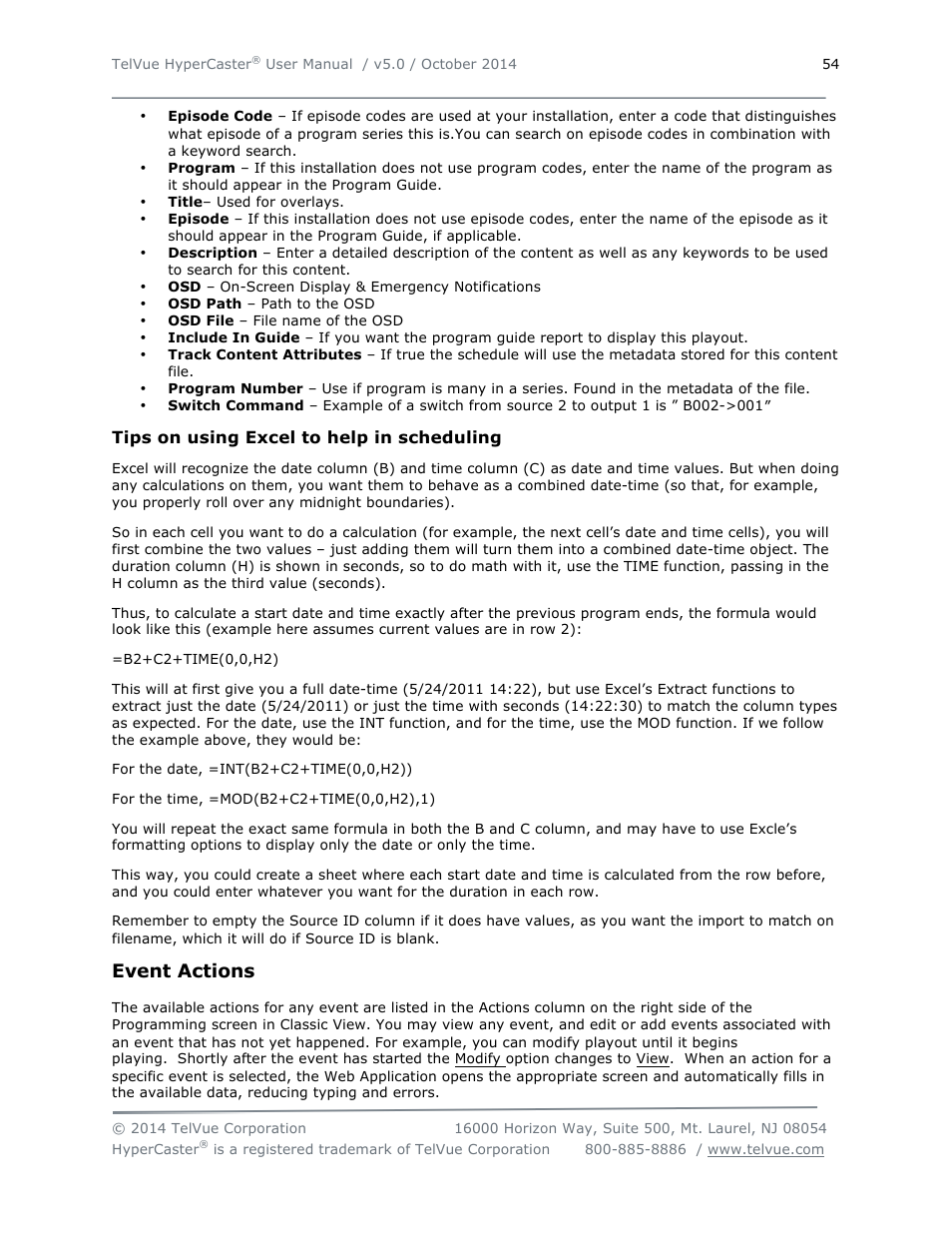 Event actions | TelVue HyperCaster® User Manual | Page 55 / 105