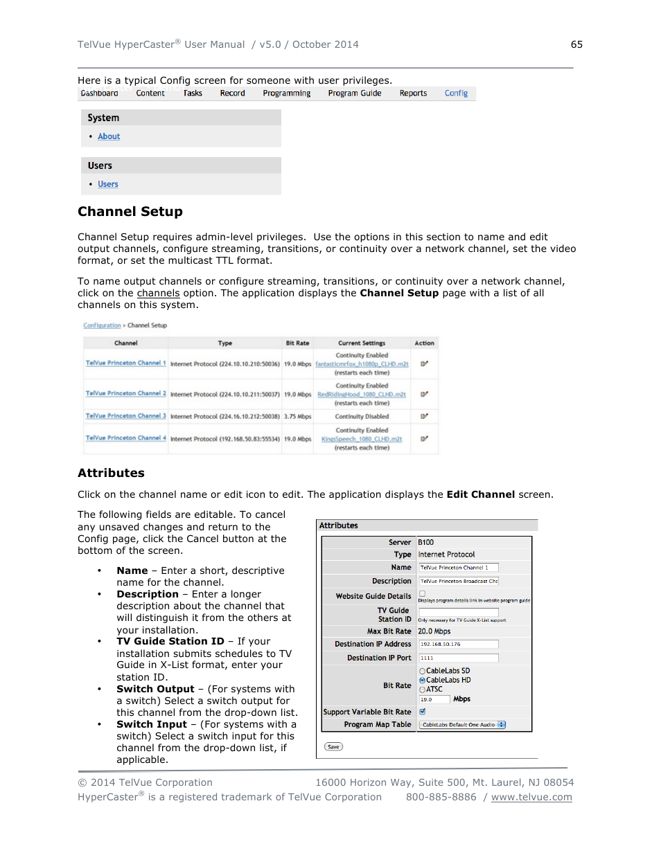 Channel setup | TelVue HyperCaster® User Manual | Page 66 / 105