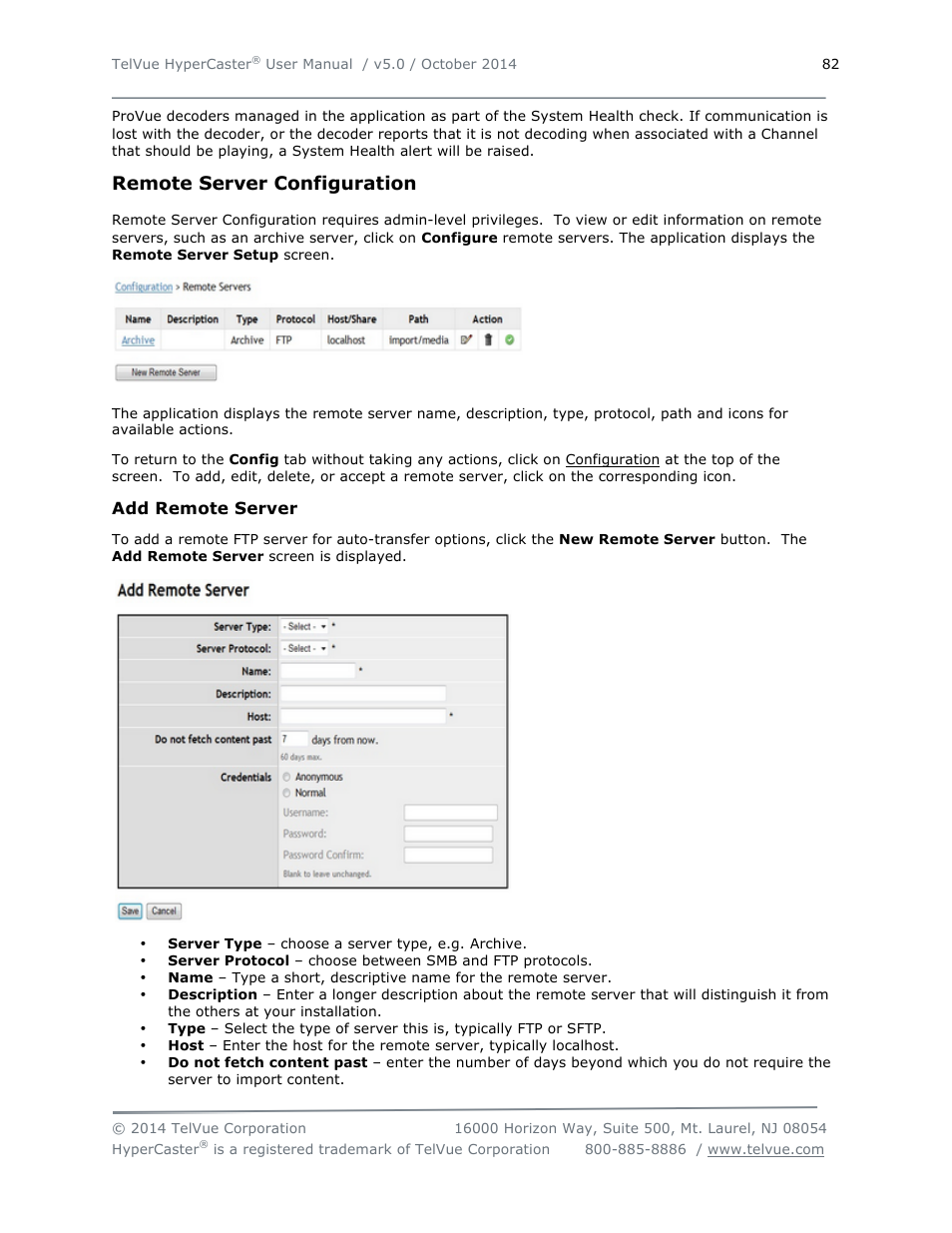 Remote server configuration | TelVue HyperCaster® User Manual | Page 83 / 105