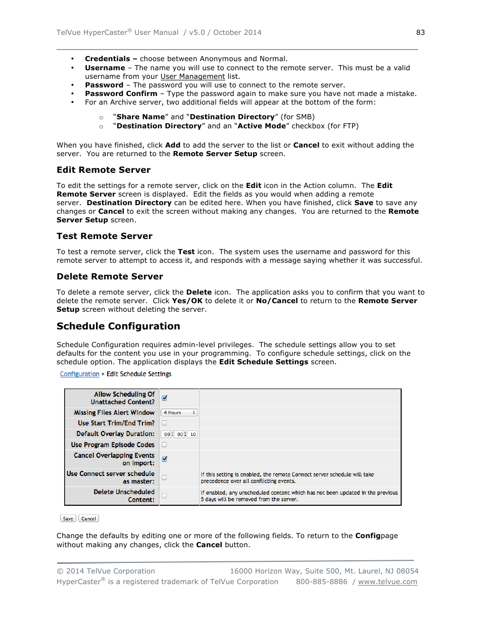 Schedule configuration | TelVue HyperCaster® User Manual | Page 84 / 105