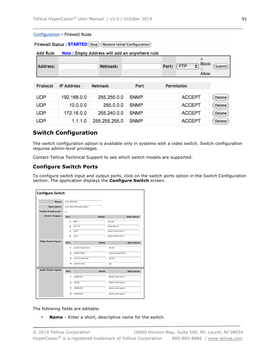 Switch configuration | TelVue HyperCaster® User Manual | Page 92 / 105