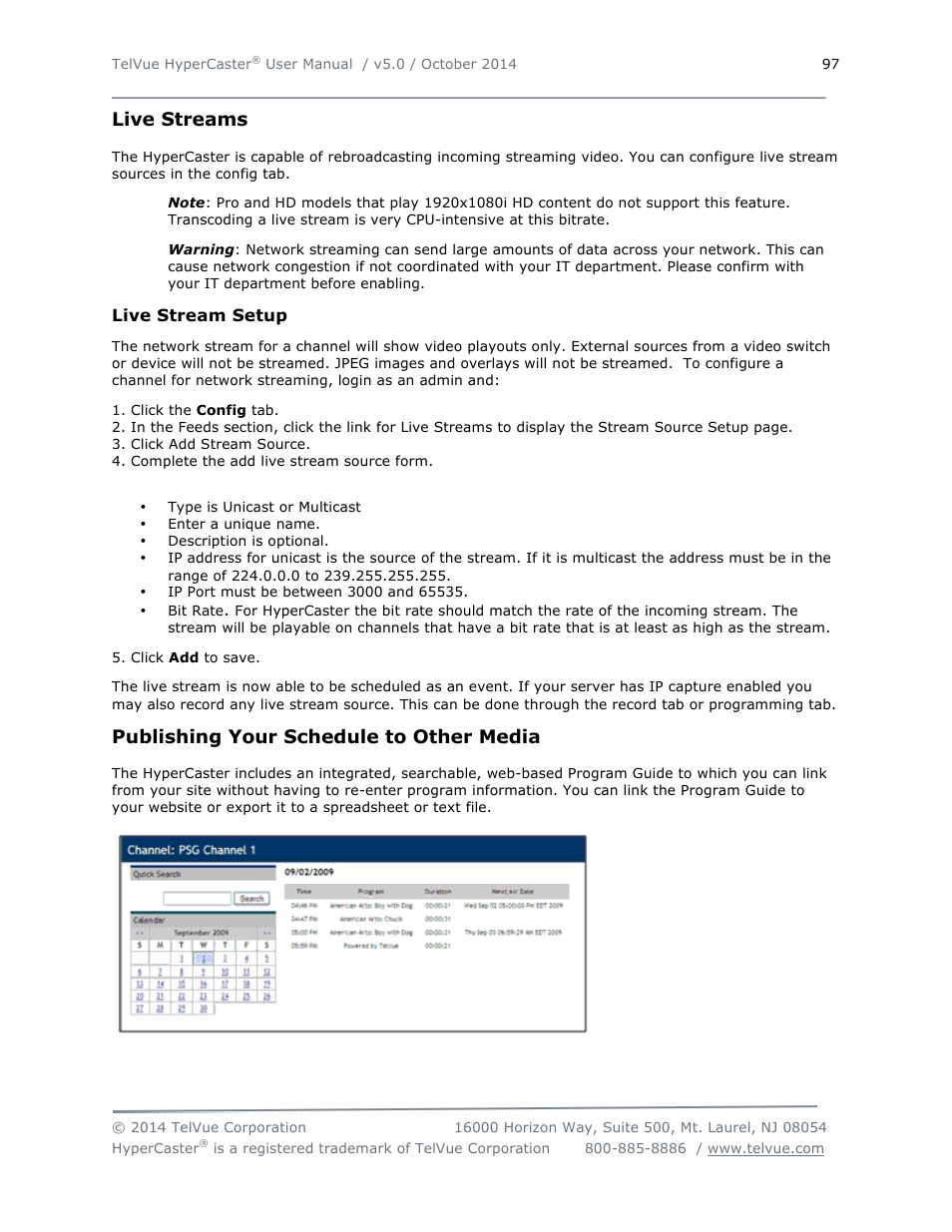 Live streams, Publishing your schedule to other media | TelVue HyperCaster® User Manual | Page 98 / 105