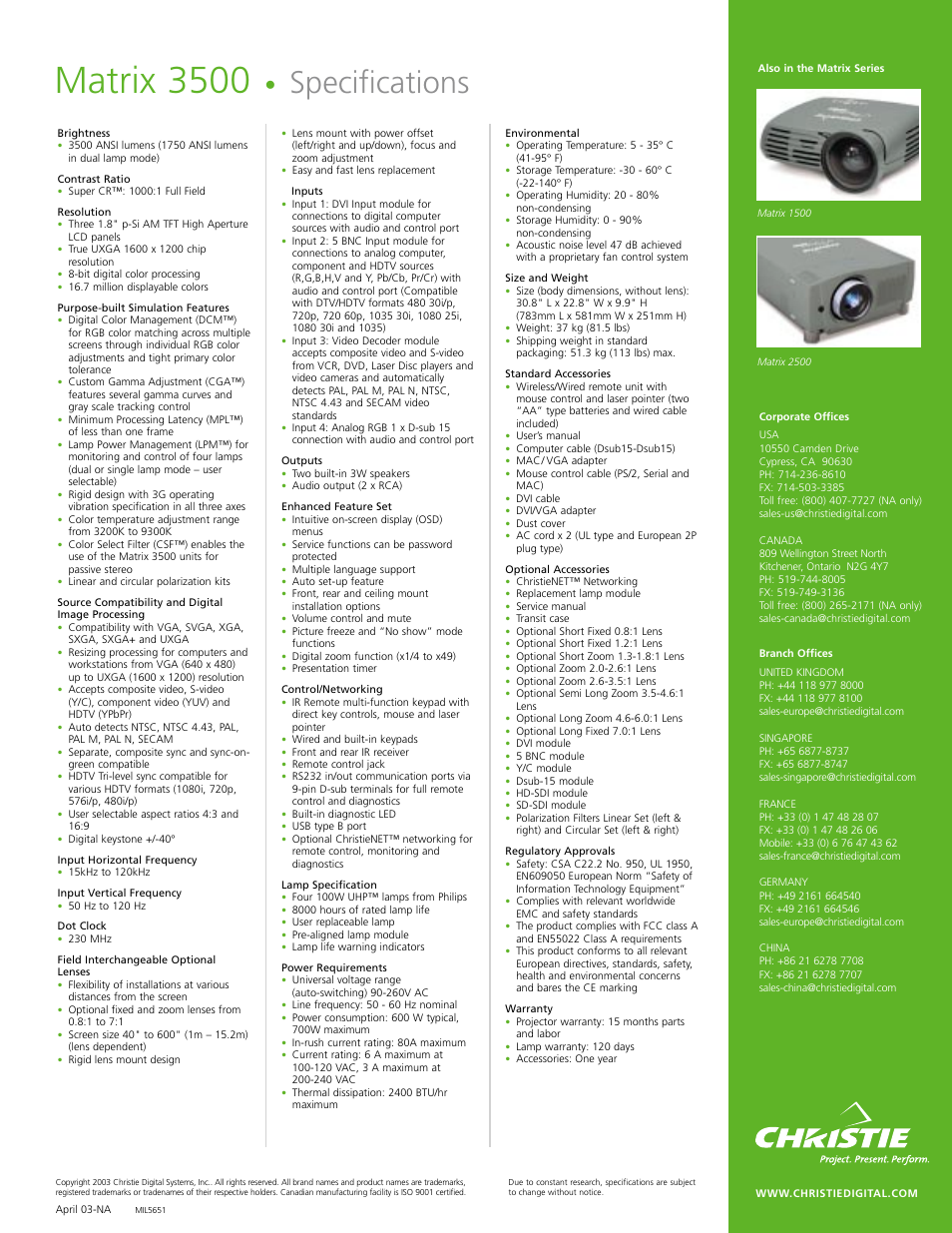 Matrix 3500, Specifications | Christie Digital Systems Matrix 3500 User Manual | Page 2 / 2