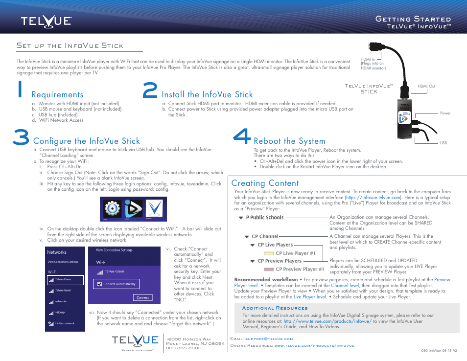 Infovueqsgbackv2, Install the infovue stick, Requirements | Reboot the system, Creating content, Configure the infovue stick, Getting started, Set up the infovue stick | TelVue InfoVue User Manual | Page 2 / 2
