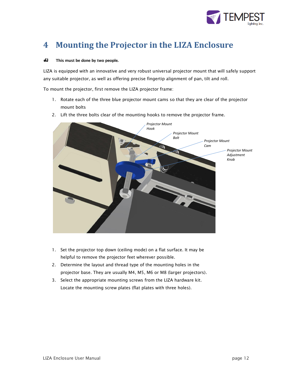 4 mounting the projector in the liza enclosure | Tempest LIZA User Manual | Page 12 / 18