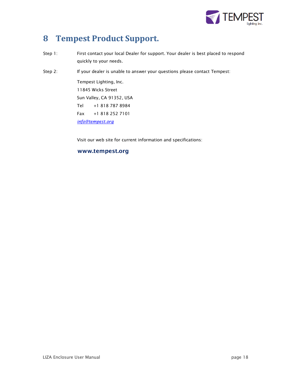 8 tempest product support | Tempest LIZA User Manual | Page 18 / 18