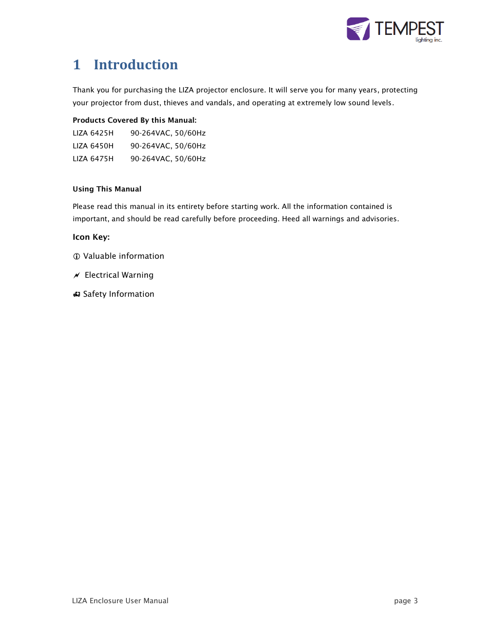 1 introduction | Tempest LIZA User Manual | Page 3 / 18