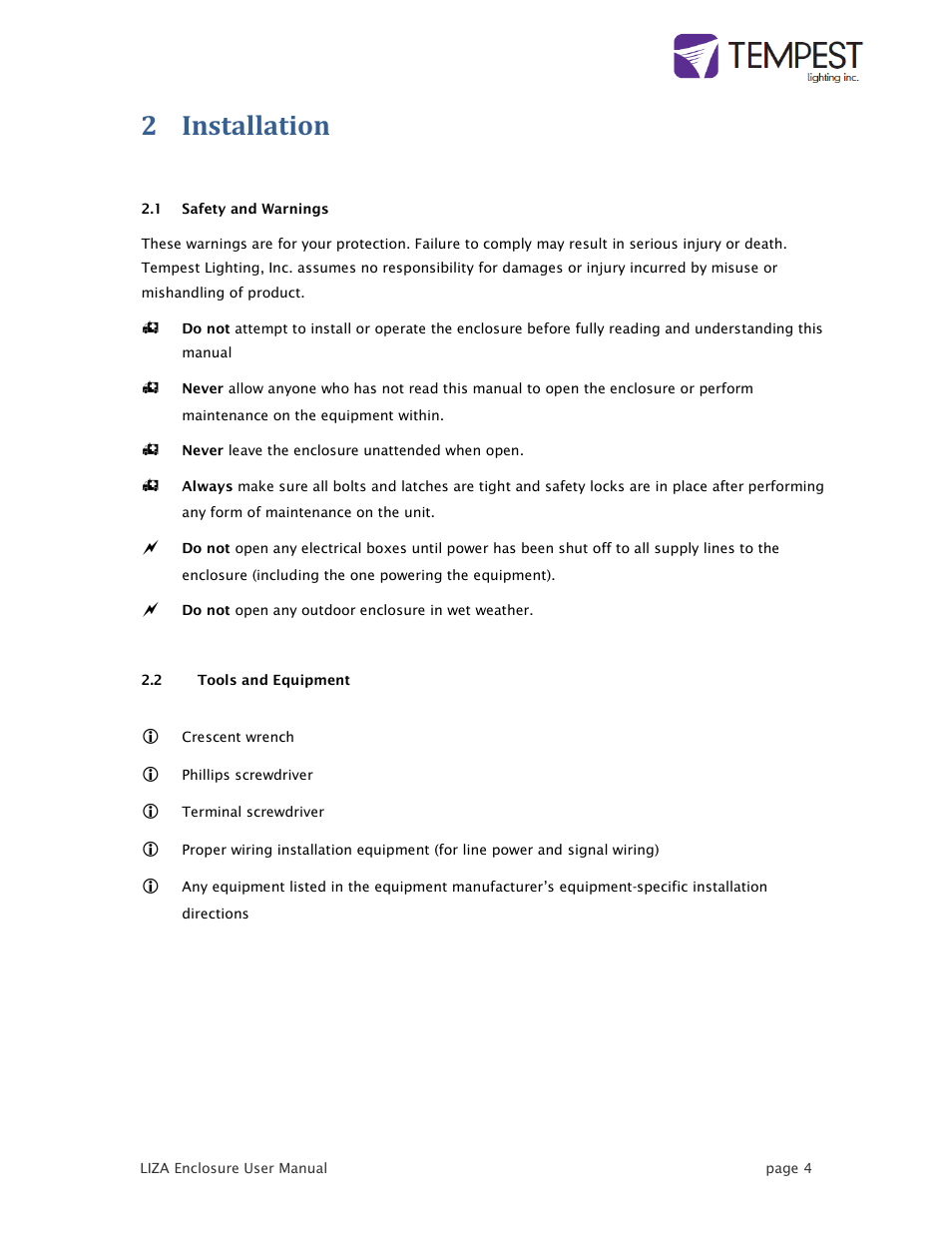 2 installation | Tempest LIZA User Manual | Page 4 / 18