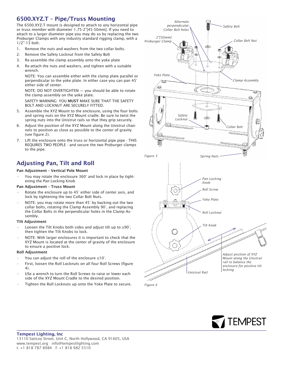 6500.xyz.t – pipe/truss mounting, Adjusting pan, tilt and roll | Tempest XYZ User Manual | Page 2 / 2