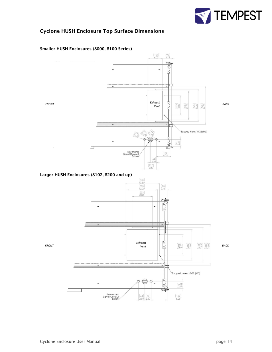 Cyclone hush enclosure top surface dimensions | Tempest Cyclone User Manual | Page 14 / 48