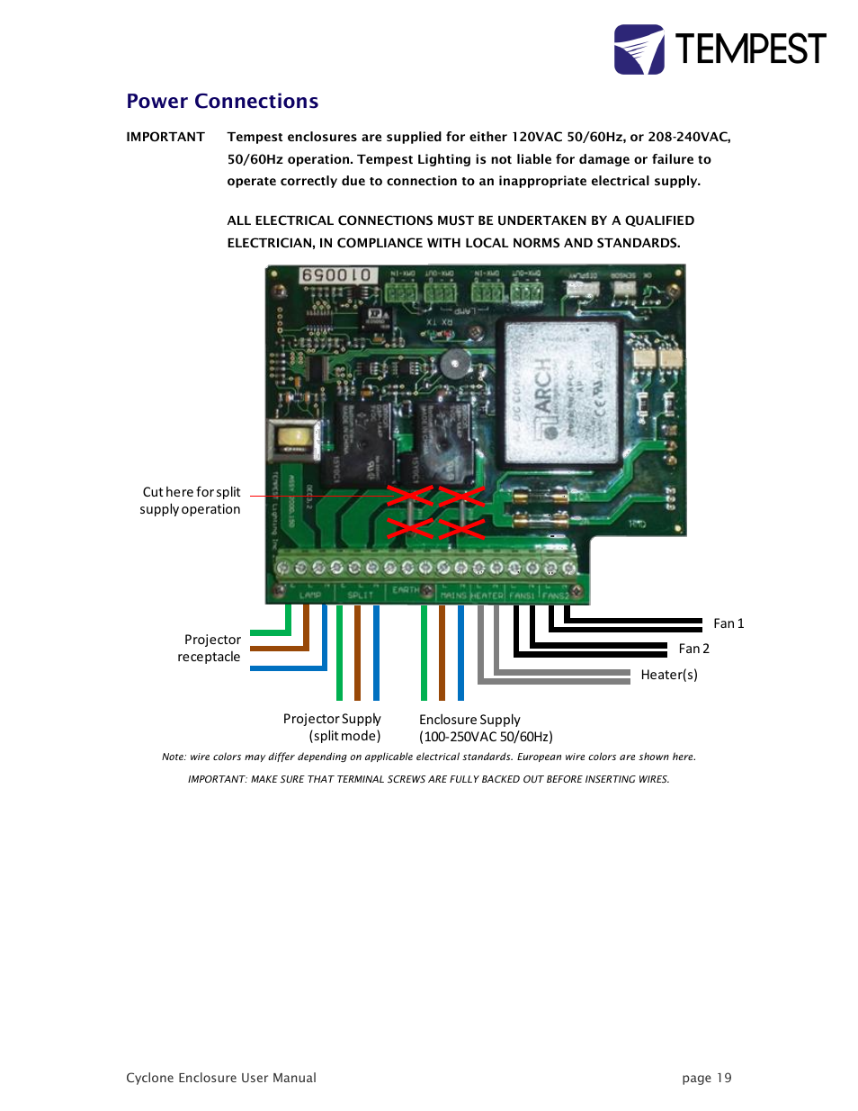 Power connections | Tempest Cyclone User Manual | Page 19 / 48