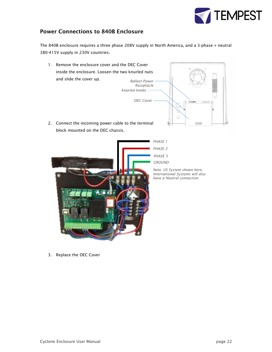 Power connections to 840b enclosure | Tempest Cyclone User Manual | Page 22 / 48