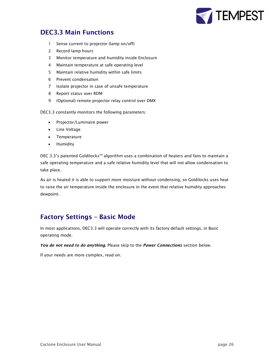 Dec3.3 main functions, Factory settings – basic mode | Tempest Cyclone User Manual | Page 26 / 48