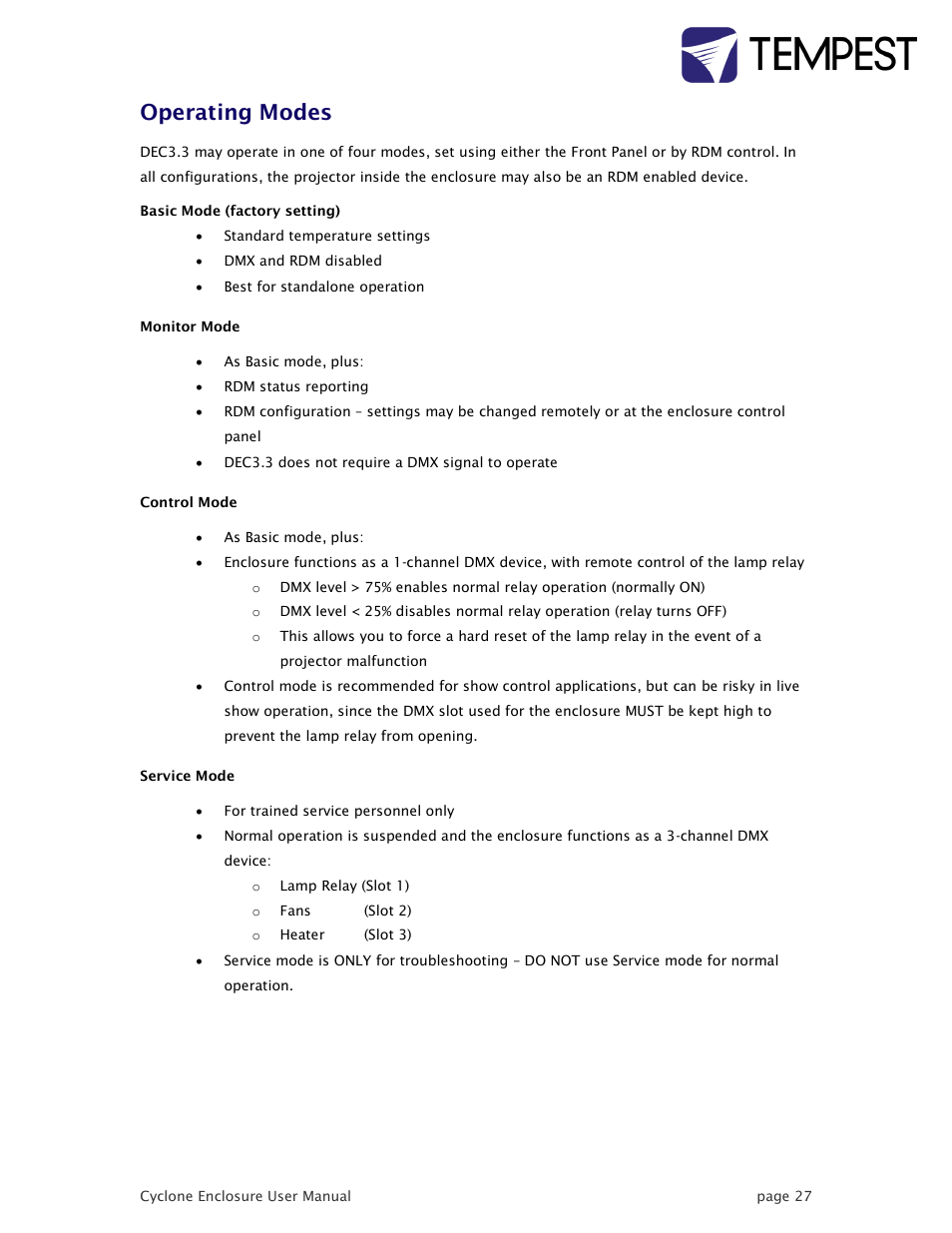 Operating modes | Tempest Cyclone User Manual | Page 27 / 48