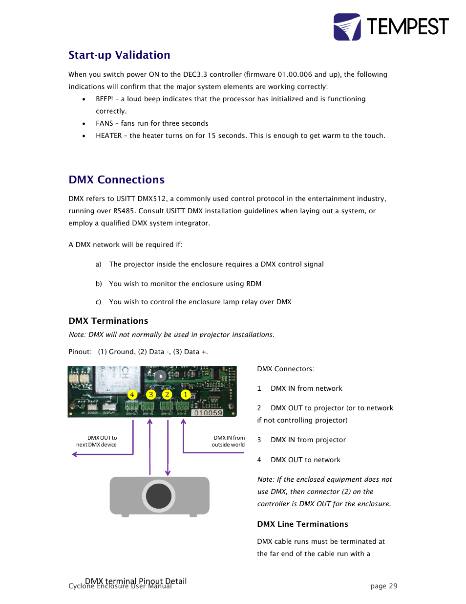 Dmx connections, Start-up validation | Tempest Cyclone User Manual | Page 29 / 48