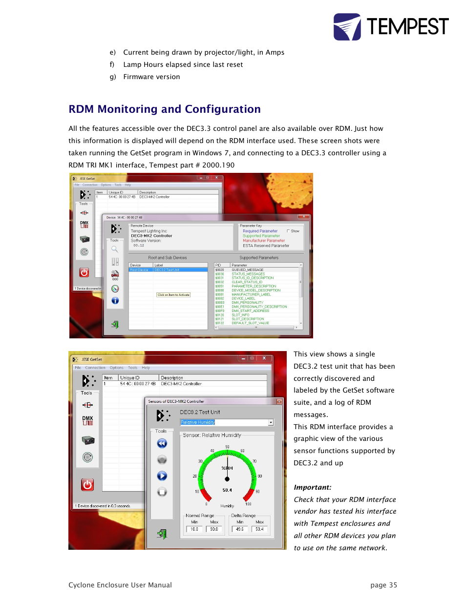 Rdm monitoring and configuration | Tempest Cyclone User Manual | Page 35 / 48